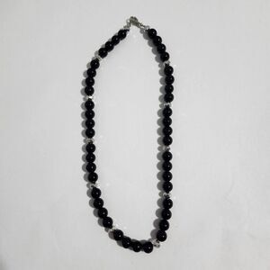 Silver Tone Faceted Black Acrylic Round Beaded Single Strand Necklace